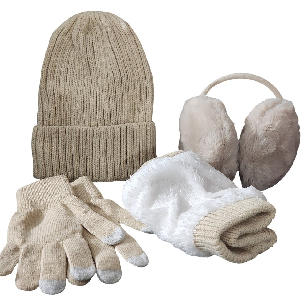 Beige Winter Accessory Set Beanie Neck Warmer Earmuffs Gloves Socks 5-Piece Set - Picture 3 of 4